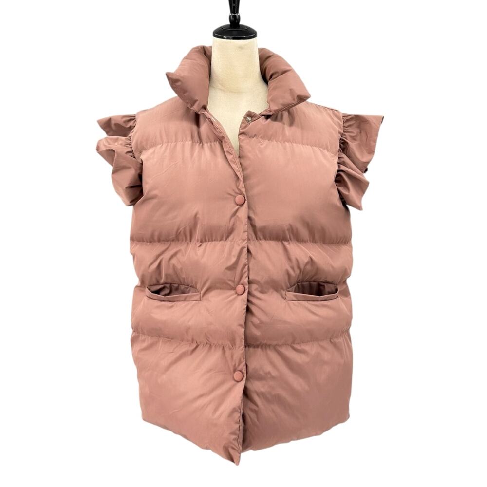 Bucket List Blush Mauve Brown Ruffle Sleeveless Layering Boutique Puffer Vest